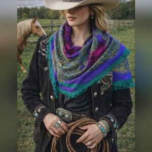 ✨ Vintage Plaid & Paisley Square Scarf Purple • Teal • Gold • 90s Maximalist